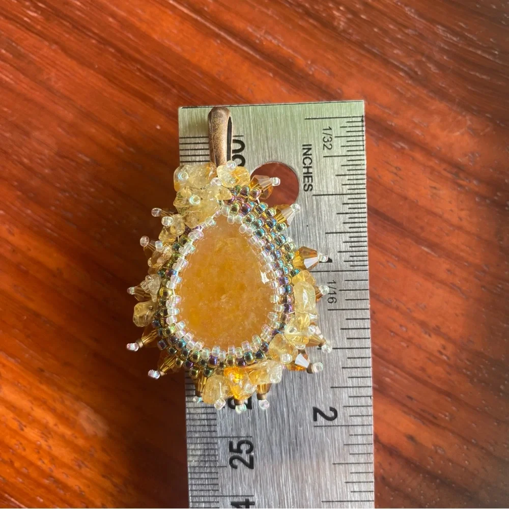 Bead Embroidered Aventurine & Citrine Pendant - Picture 6 of 7